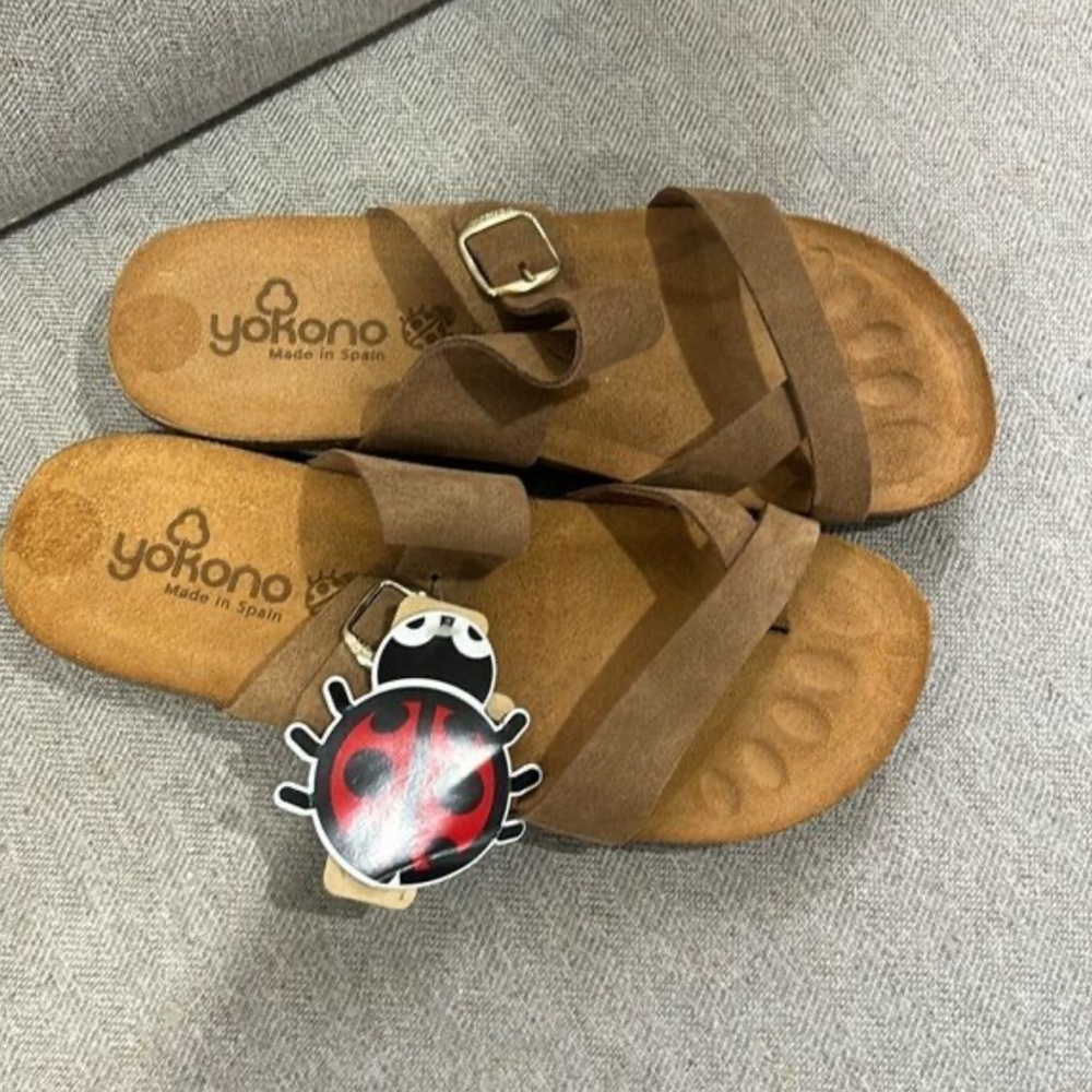 Yokono Brown Tan Suede Ibiza Slip On Toe Ring Buckle Cork Sole Sandals